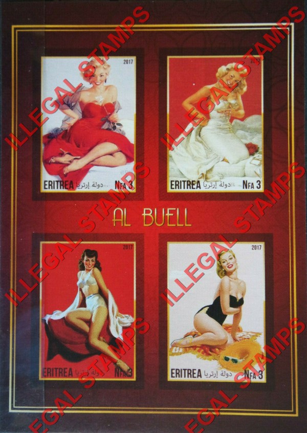 Eritrea 2017 Pin Up Art by Al Buell Counterfeit Illegal Stamp Souvenir Sheet of 4