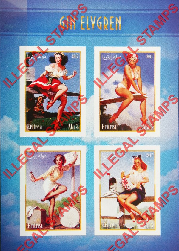 Eritrea 2017 Pin Up Art by Gin Elvgren Counterfeit Illegal Stamp Souvenir Sheet of 4 (Sheet 1)