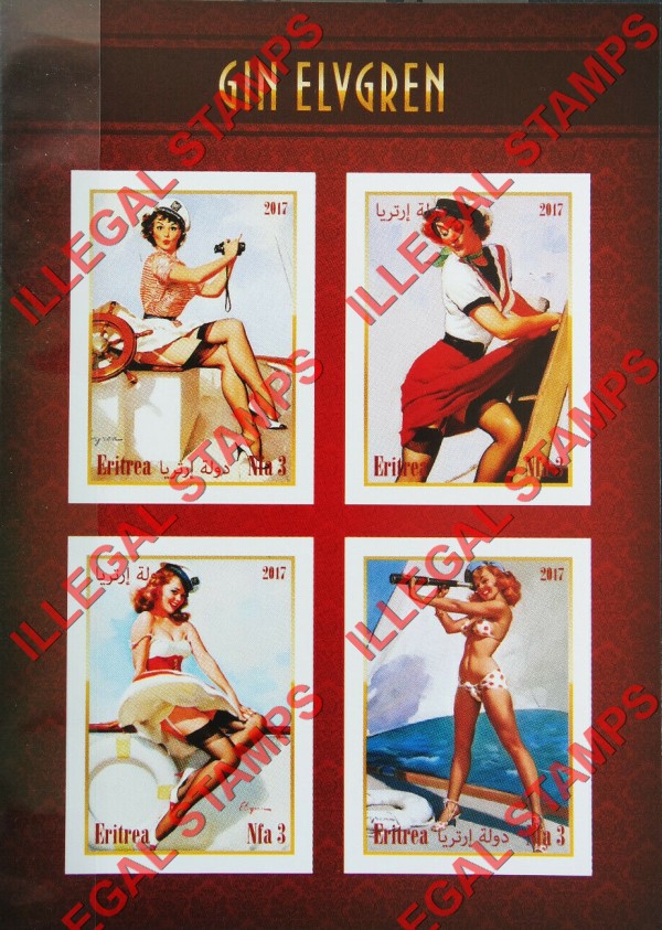 Eritrea 2017 Pin Up Art by Gin Elvgren Counterfeit Illegal Stamp Souvenir Sheet of 4 (Sheet 3)