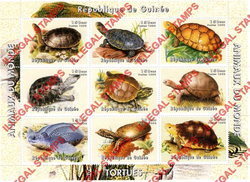 Guinea Republic 1998 Turtles Illegal Stamp Souvenir Sheet of 9 (Sheet 2)