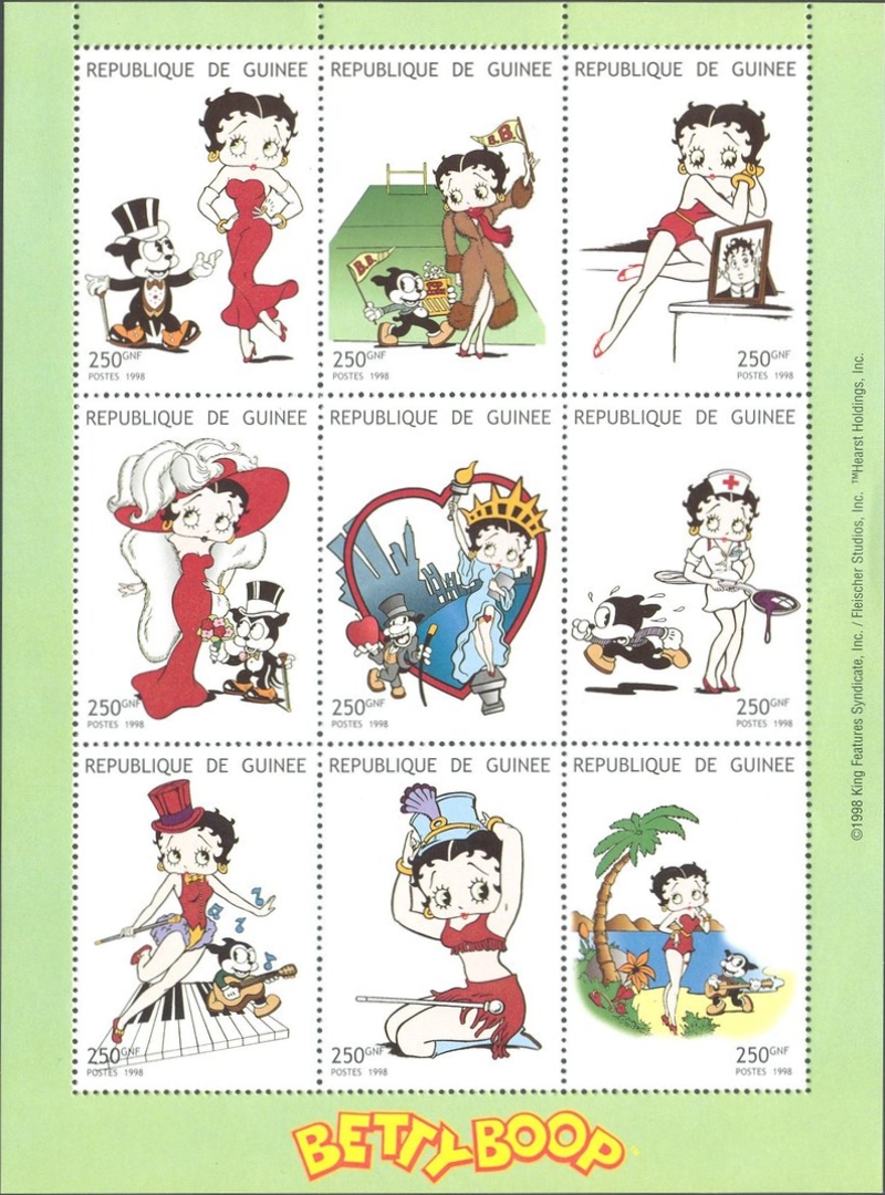 Guinea Republic 1998 Betty Boop Stamp Souvenir Sheet of 9 Michel Catalog No. 1911-1919