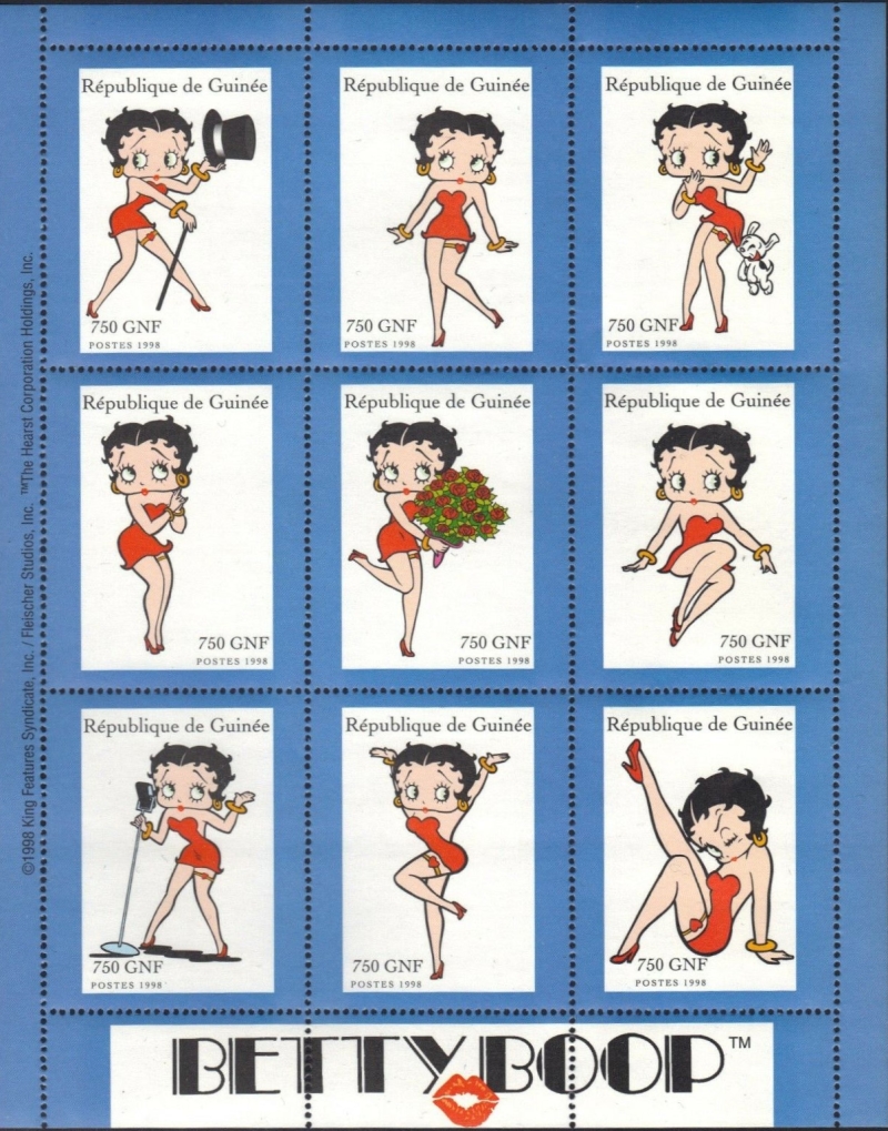 Guinea Republic 1998 Betty Boop Stamp Souvenir Sheet of 9 Michel Catalog No. 1920-1928