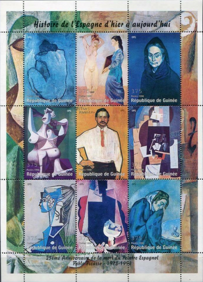 Guinea Republic 1998 Paintings by Pablo Picasso Stamp Souvenir Sheet of 9 Michel Catalog No. 1813-1821, Yvert Catalog No. 1355-1363