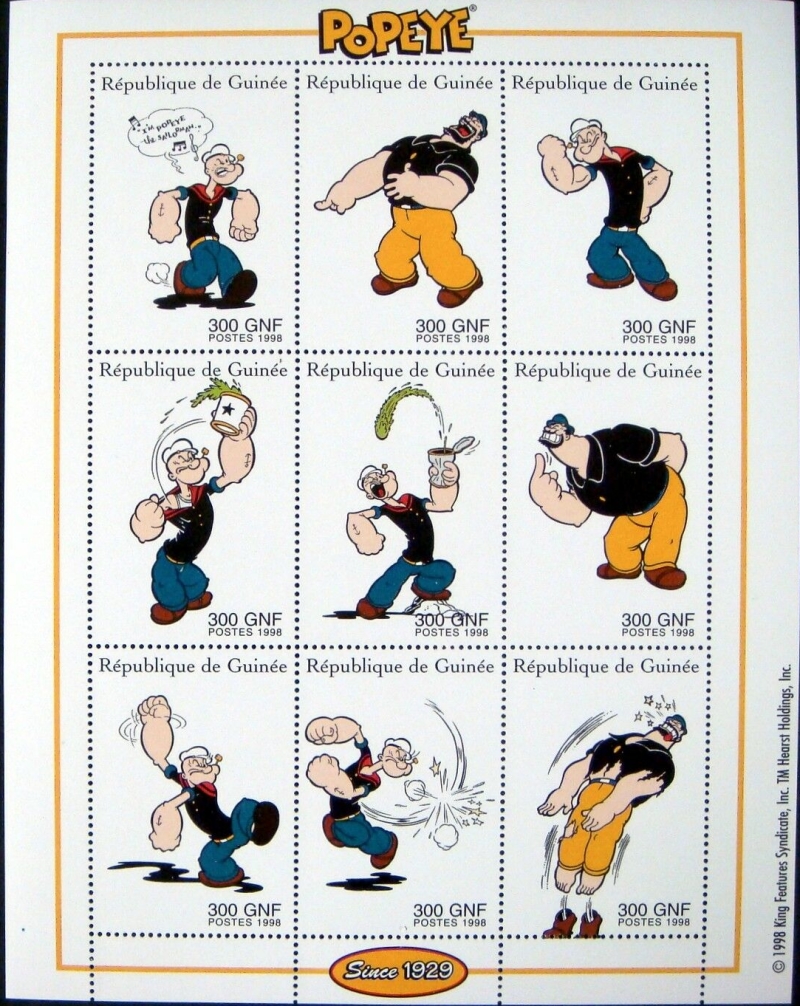 Guinea Republic 1998 Popeye Stamp Souvenir Sheet of 9 Michel Catalog No. 1932-1940