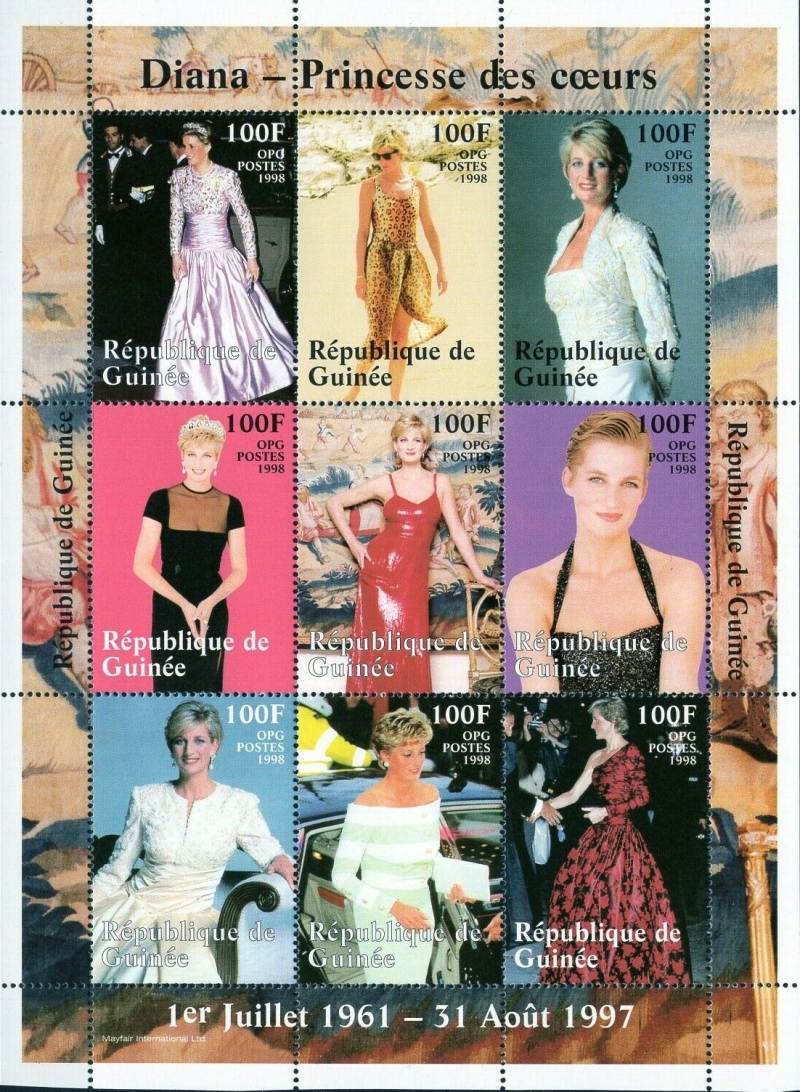 Guinea Republic 1998 Princess Diana Stamp Souvenir Sheet of 9 Michel Catalog No. 1723-1731, Yvert Catalog No. 1222-1230