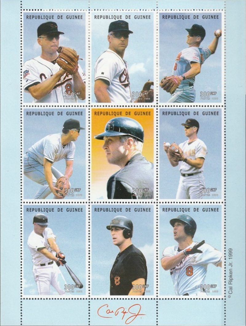 Guinea Republic 1999 Cal Ripken Jr. Baseball Legend Stamp Souvenir Sheet of 9 Michel Catalog No. 2223-2231