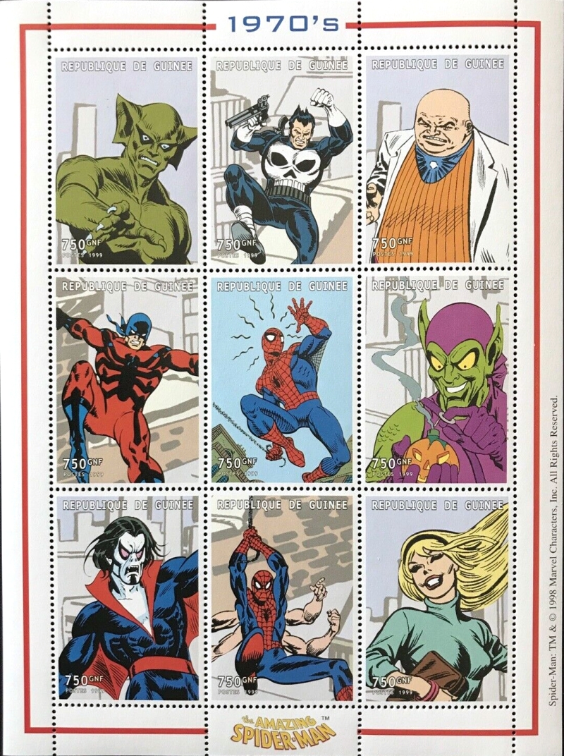 Guinea Republic 1999 Spiderman Stamp Souvenir Sheet of 9 Michel Catalog No. 2274-2282