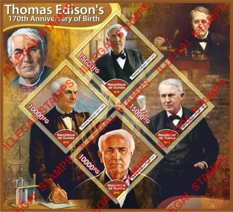 Guinea Republic 2018 Thomas Edison Illegal Stamp Souvenir Sheet of 4