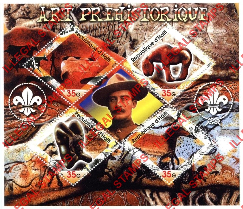 Haiti 2005 Prehistoric Art Scouts Logo's Illegal Stamp Souvenir Sheet of 4 Plus Baden Powell Label