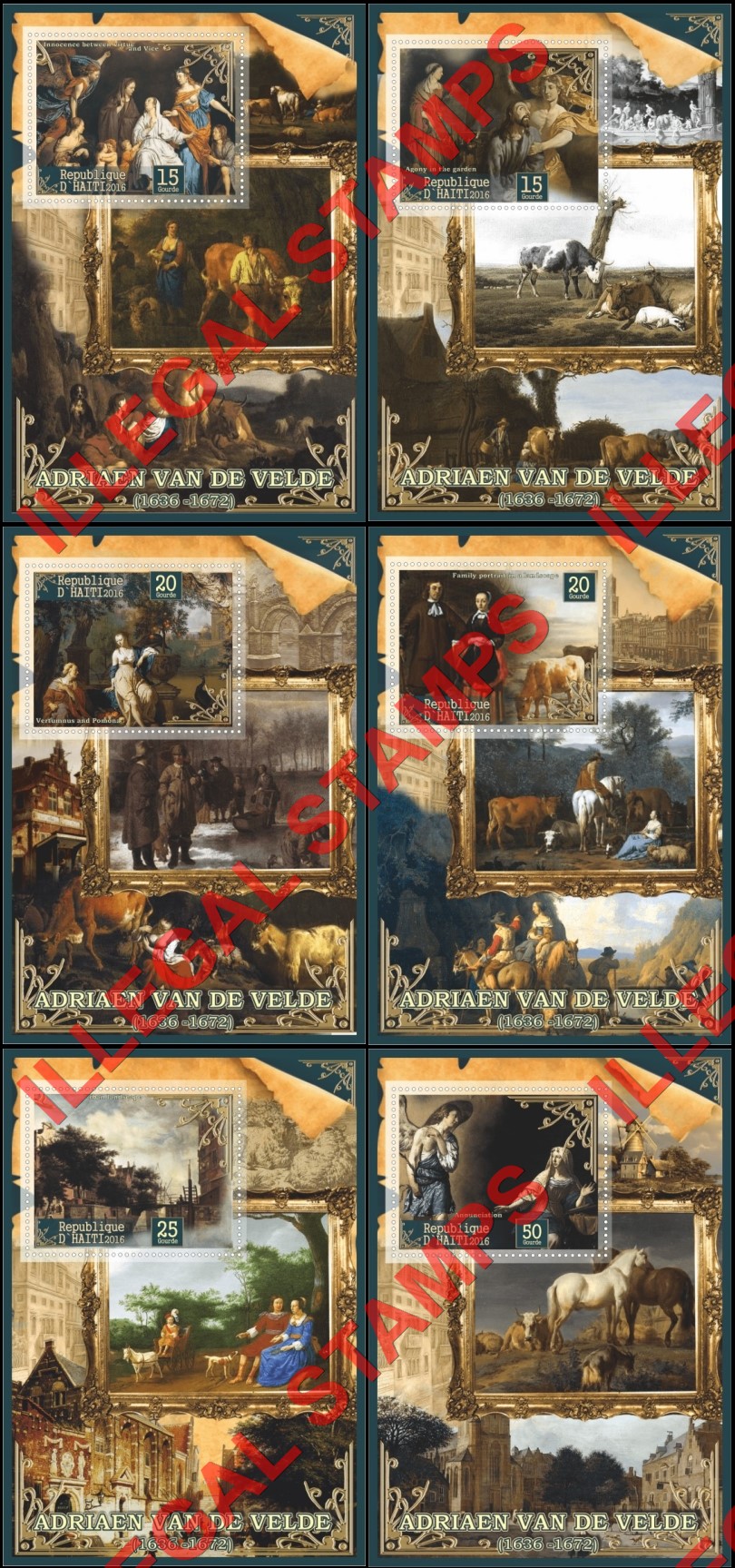 Haiti 2016 Paintings by Adriaen Van de Velde Illegal Stamp Souvenir Sheets of 1