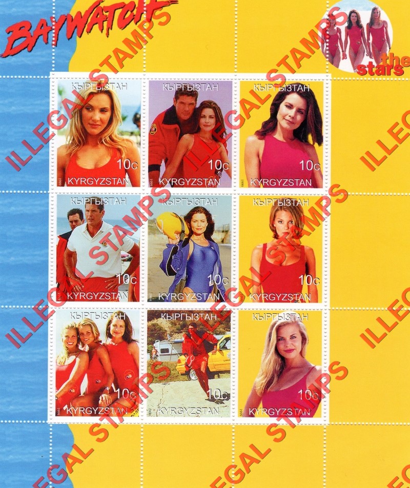 Kyrgyzstan 1999 Baywatch Stars Illegal Stamp Sheetlet of Nine