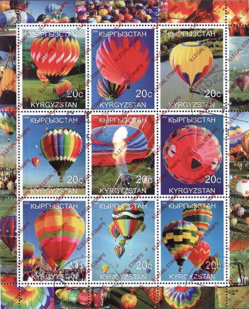 Kyrgyzstan 2000 Hot Air Balloons Illegal Stamp Sheetlet of Nine