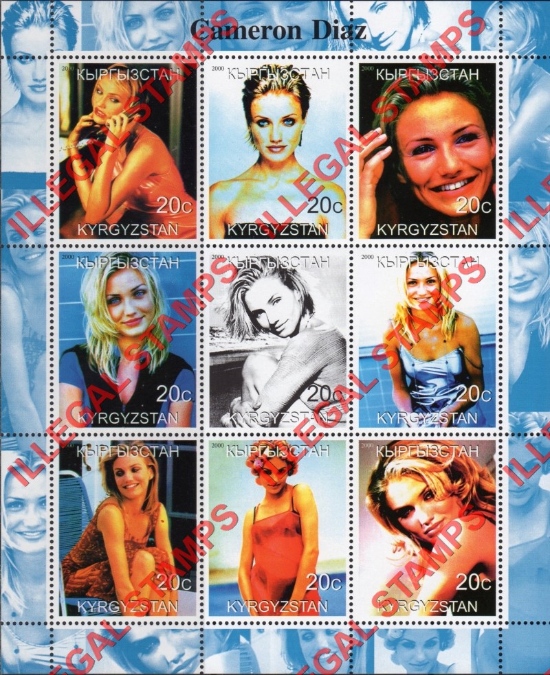 Kyrgyzstan 2000 Cameron Diaz Illegal Stamp Sheetlet of Nine