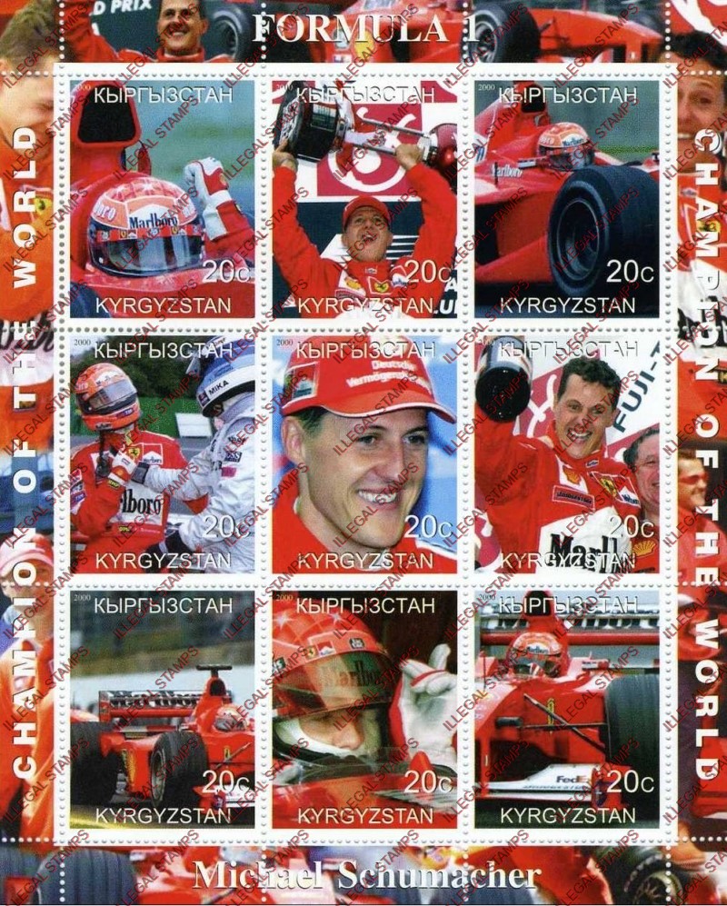 Kyrgyzstan 2000 Formula 1 Illegal Stamp Sheetlet of Nine