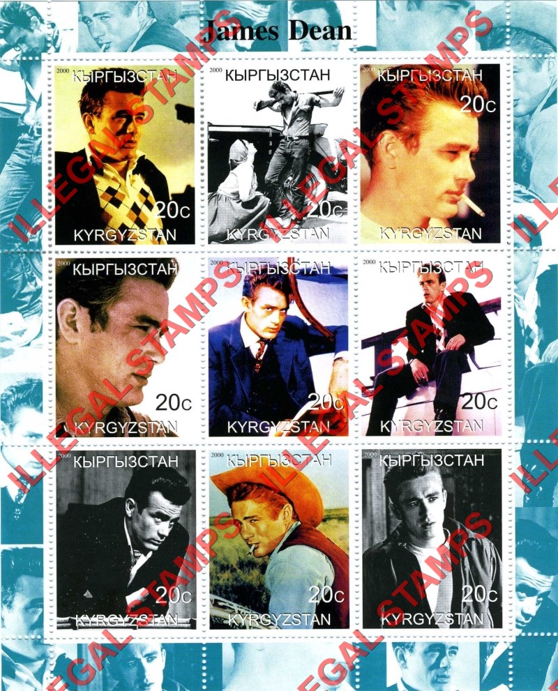 Kyrgyzstan 2000 James Dean Illegal Stamp Sheetlet of Nine