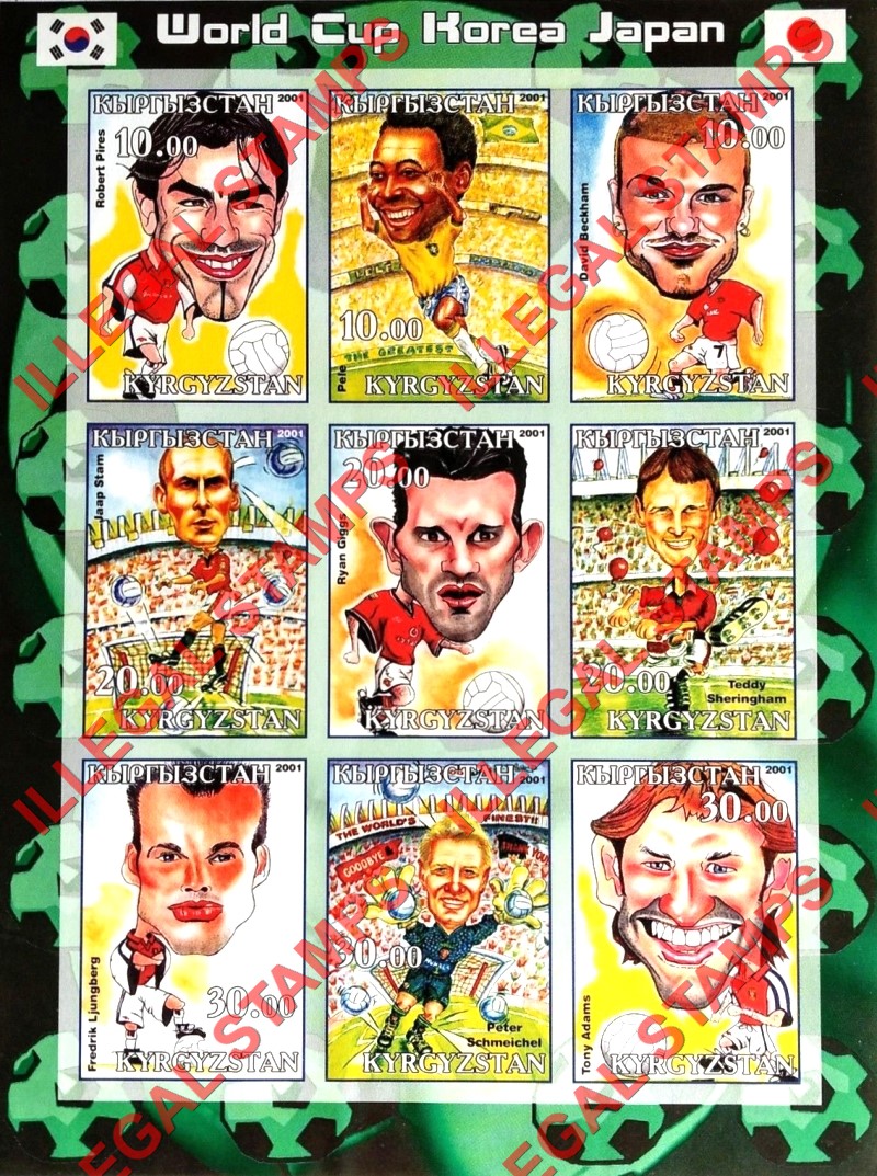 Kyrgyzstan 2001 World Cup Soccer (Football) Korea Japan Illegal Stamp Sheetlets of Nine (Sheet 1)