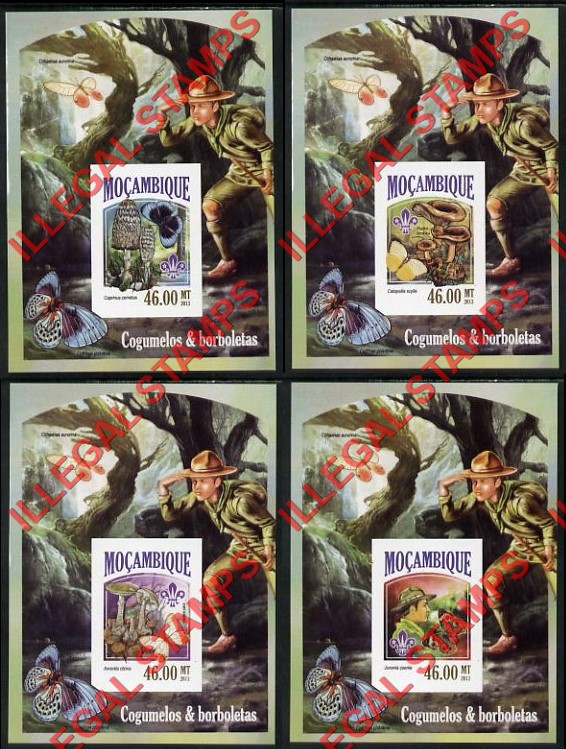  Mozambique 2013 Scouting Mushrooms and Butterflies Counterfeit Illegal Stamp Souvenir Sheets of 1