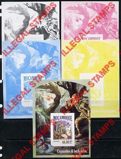  Mozambique 2013 Scouting Mushrooms and Butterflies Counterfeit Illegal Stamp Souvenir Sheet of 1 Color Proof Set