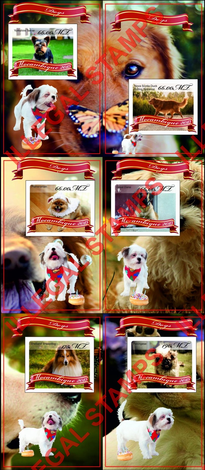  Mozambique 2015 Dogs Counterfeit Illegal Stamp Souvenir Sheets of 1