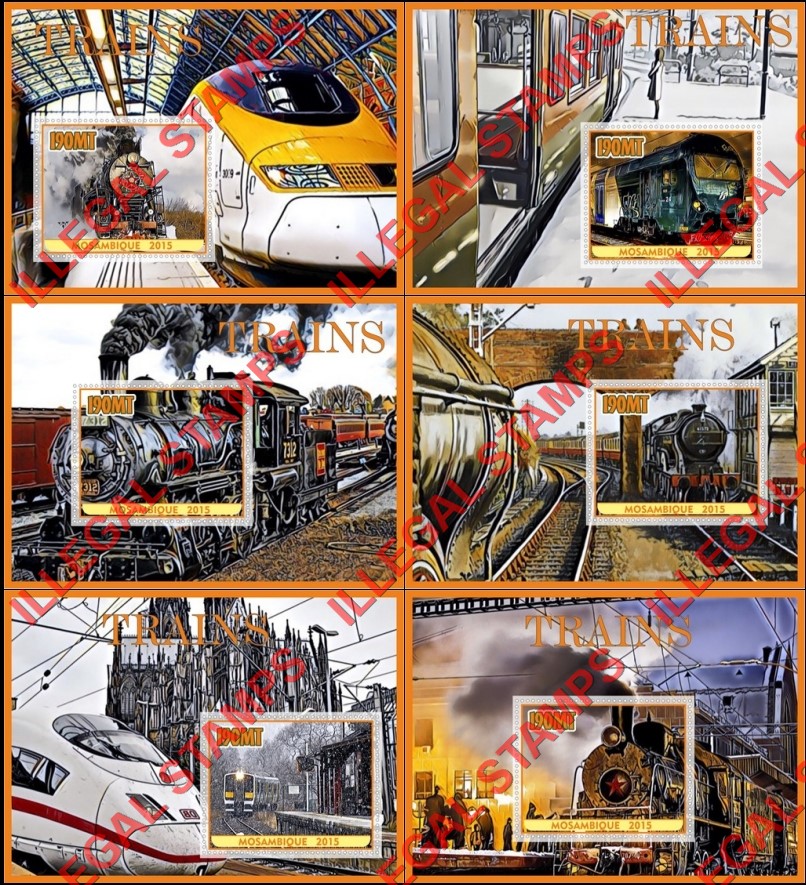  Mozambique 2015 Trains Counterfeit Illegal Stamp Souvenir Sheets of 1