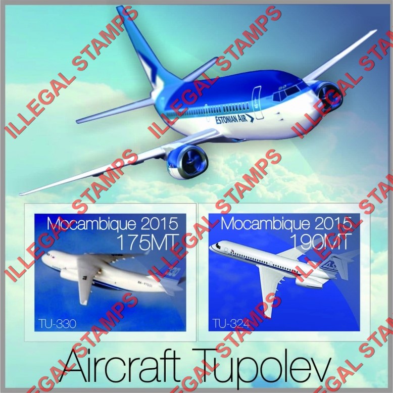  Mozambique 2015 Tupolev Aircraft Counterfeit Illegal Stamp Souvenir Sheet of 2