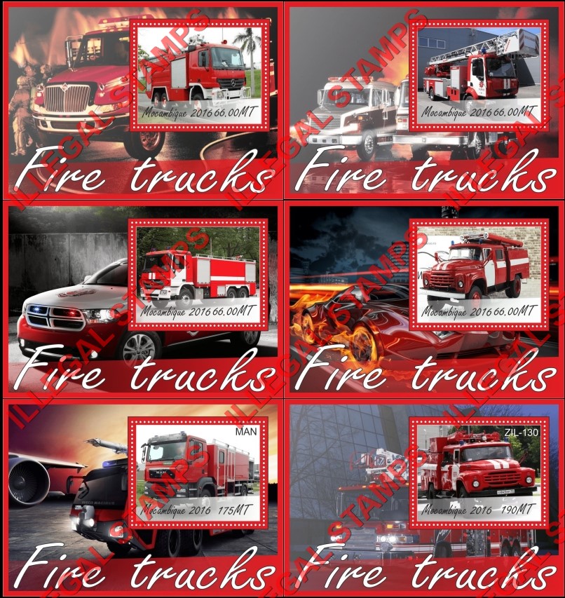  Mozambique 2016 Fire Trucks Counterfeit Illegal Stamp Souvenir Sheets of 1