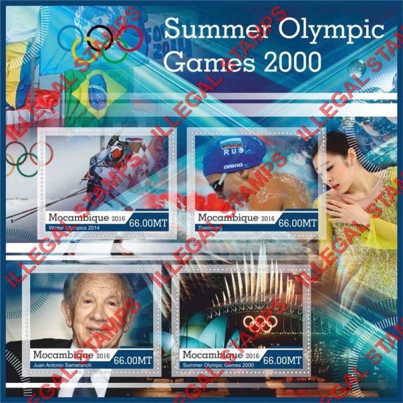  Mozambique 2016 Olympic Games 2000 Counterfeit Illegal Stamp Souvenir Sheet of 4