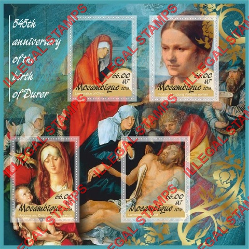  Mozambique 2016 Paintings by Albrecht Durer Counterfeit Illegal Stamp Souvenir Sheet of 4