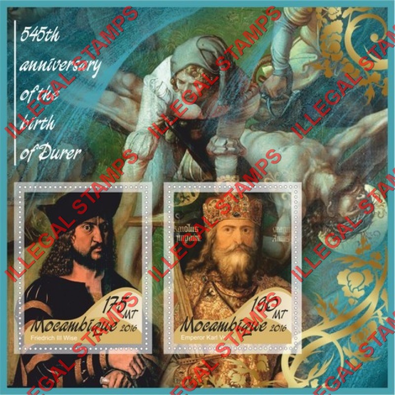 Mozambique 2016 Paintings by Albrecht Durer Counterfeit Illegal Stamp Souvenir Sheet of 2