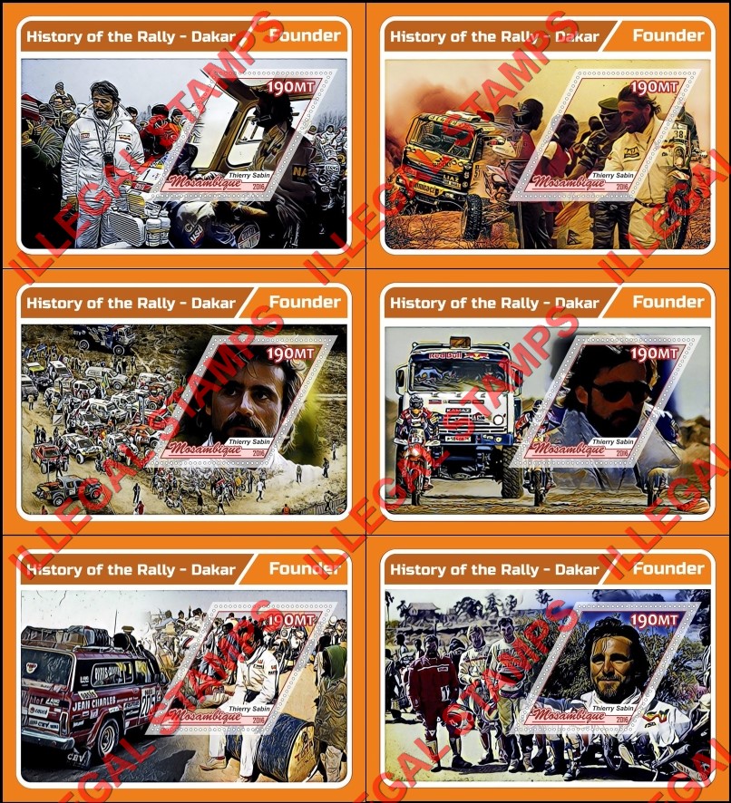  Mozambique 2016 Rally History Dakar Thierry Sabin Founder Counterfeit Illegal Stamp Souvenir Sheets of 1