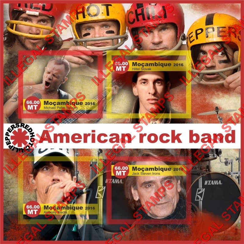  Mozambique 2016 Red Hot Chili Peppers Rock Band Counterfeit Illegal Stamp Souvenir Sheet of 4