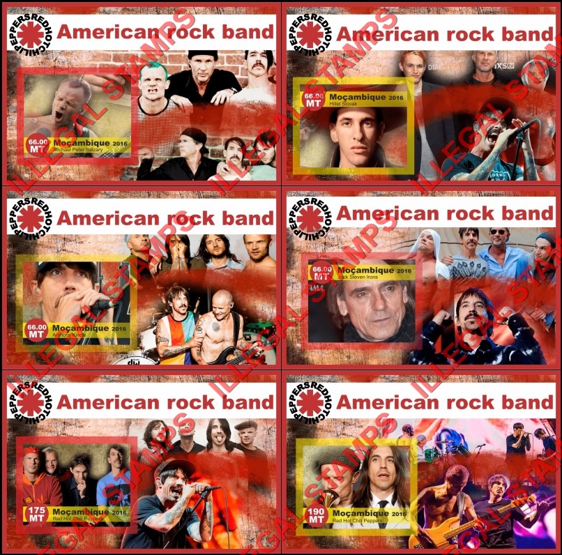  Mozambique 2016 Red Hot Chili Peppers Rock Band Counterfeit Illegal Stamp Souvenir Sheets of 1