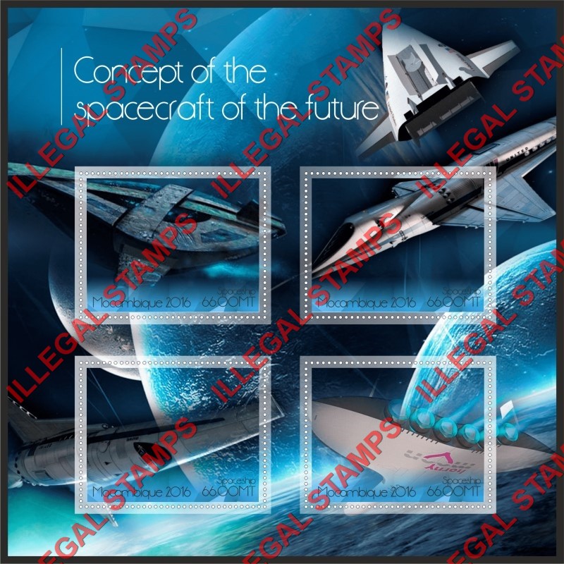  Mozambique 2016 Spacecraft of the Future Spaceship Counterfeit Illegal Stamp Souvenir Sheet of 4