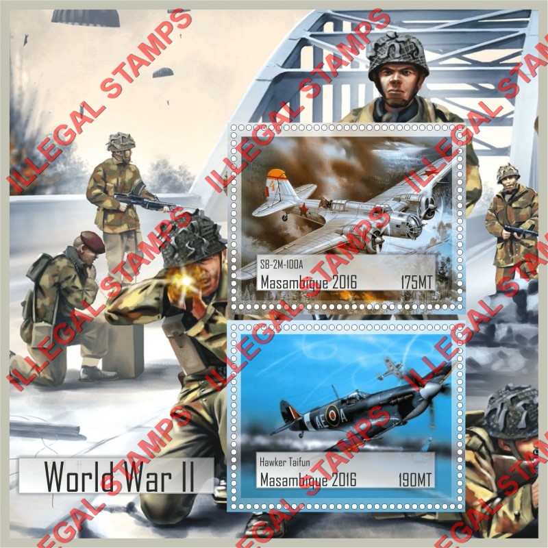  Mozambique 2016 World War II Aircraft Counterfeit Illegal Stamp Souvenir Sheet of 1