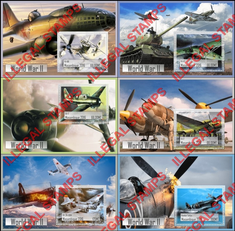  Mozambique 2016 World War II Aircraft Counterfeit Illegal Stamp Souvenir Sheets of 1