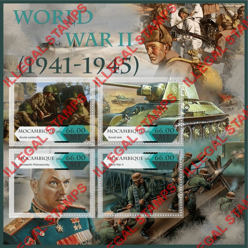  Mozambique 2016 World War II Counterfeit Illegal Stamp Souvenir Sheet of 4