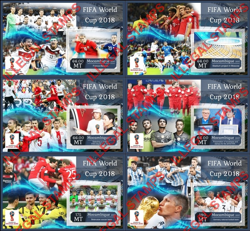  Mozambique 2017 FIFA World Cup Soccer in 2018 Counterfeit Illegal Stamp Souvenir Sheets of 1