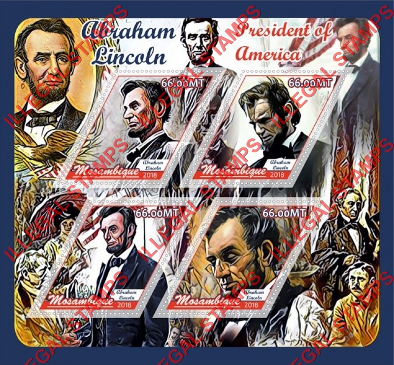  Mozambique 2018 Abraham Lincoln Counterfeit Illegal Stamp Souvenir Sheet of 4