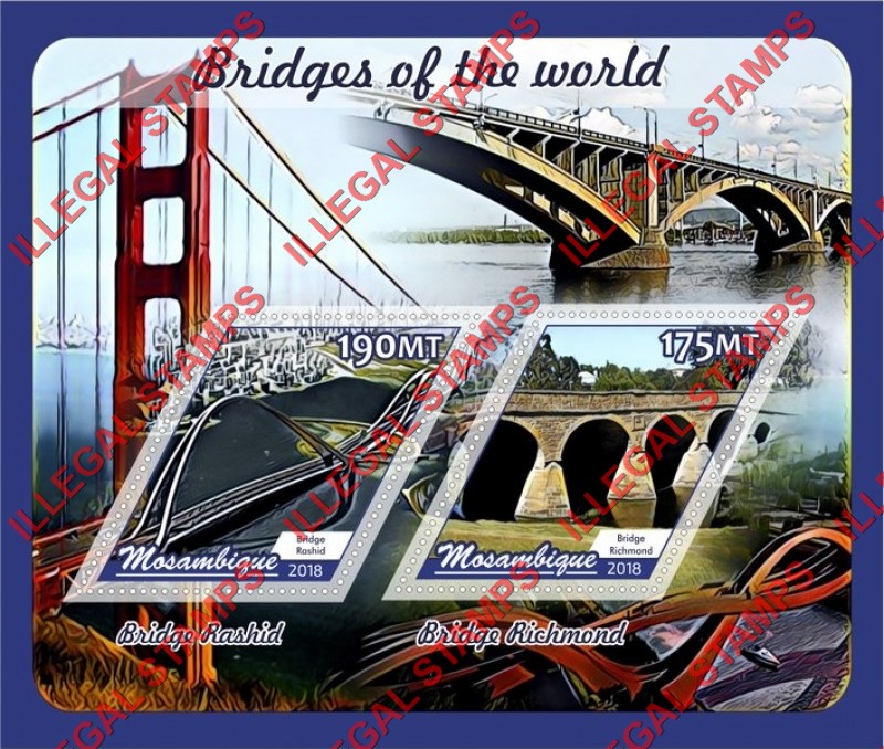  Mozambique 2018 Bridges Counterfeit Illegal Stamp Souvenir Sheet of 2
