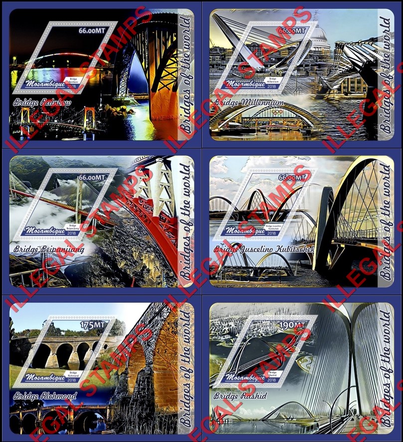  Mozambique 2018 Bridges Counterfeit Illegal Stamp Souvenir Sheets of 1