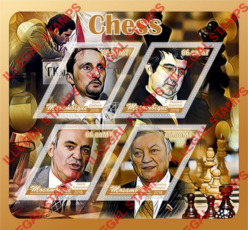  Mozambique 2018 Chess Players Counterfeit Illegal Stamp Souvenir Sheet of 4