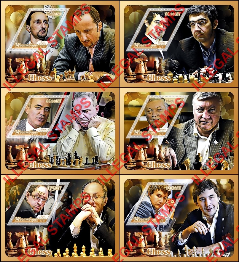  Mozambique 2018 Chess Players Counterfeit Illegal Stamp Souvenir Sheets of 1