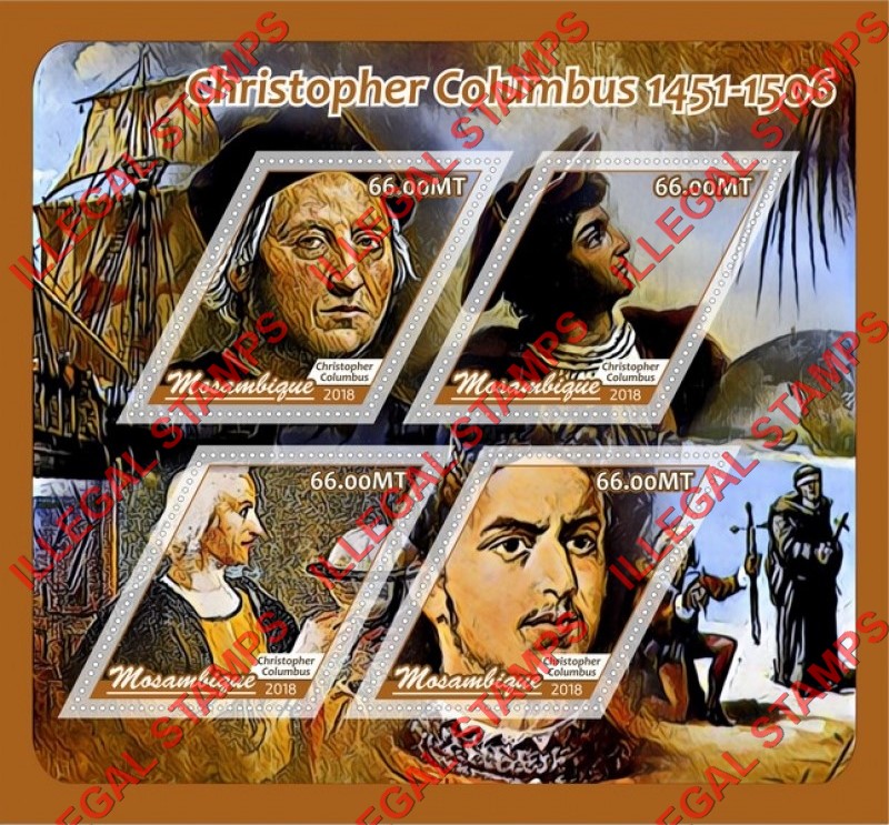  Mozambique 2018 Christopher Columbus Counterfeit Illegal Stamp Souvenir Sheet of 4