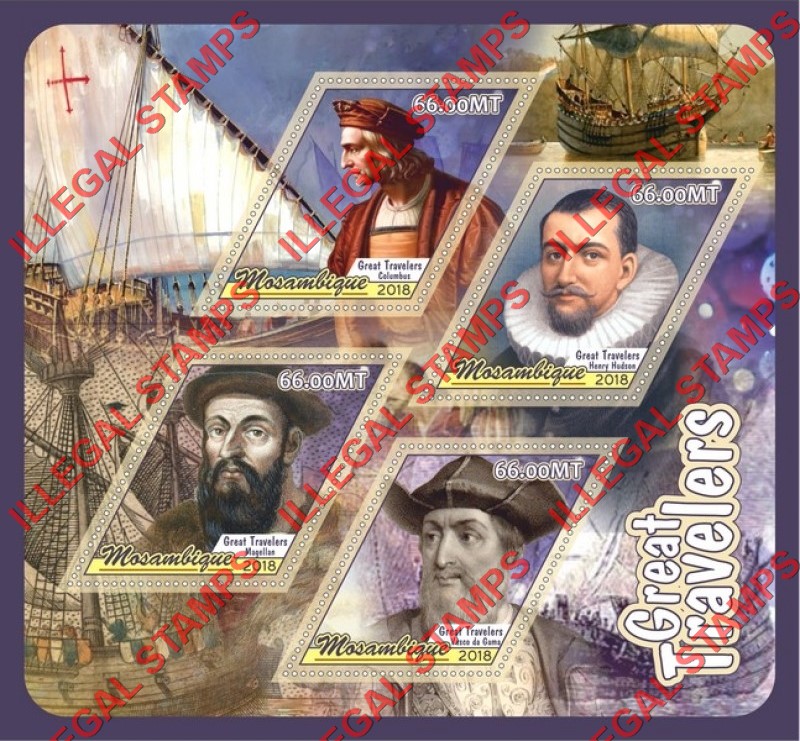  Mozambique 2018 Great Travelers Counterfeit Illegal Stamp Souvenir Sheet of 4