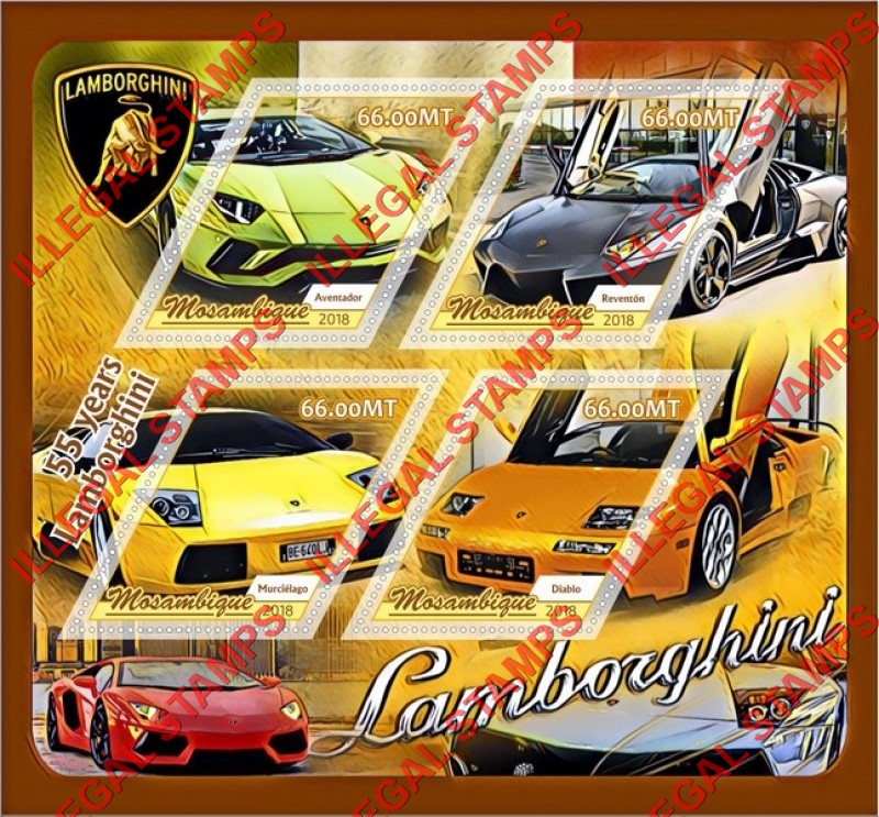  Mozambique 2018 Lamborghini Counterfeit Illegal Stamp Souvenir Sheet of 4
