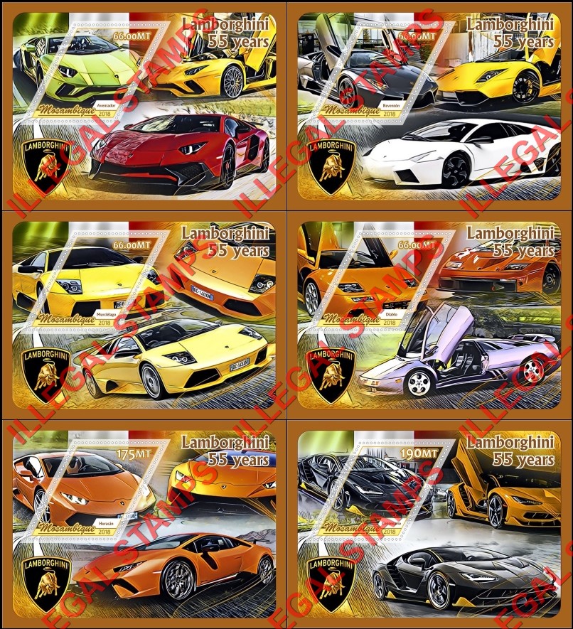  Mozambique 2018 Lamborghini Counterfeit Illegal Stamp Souvenir Sheets of 1
