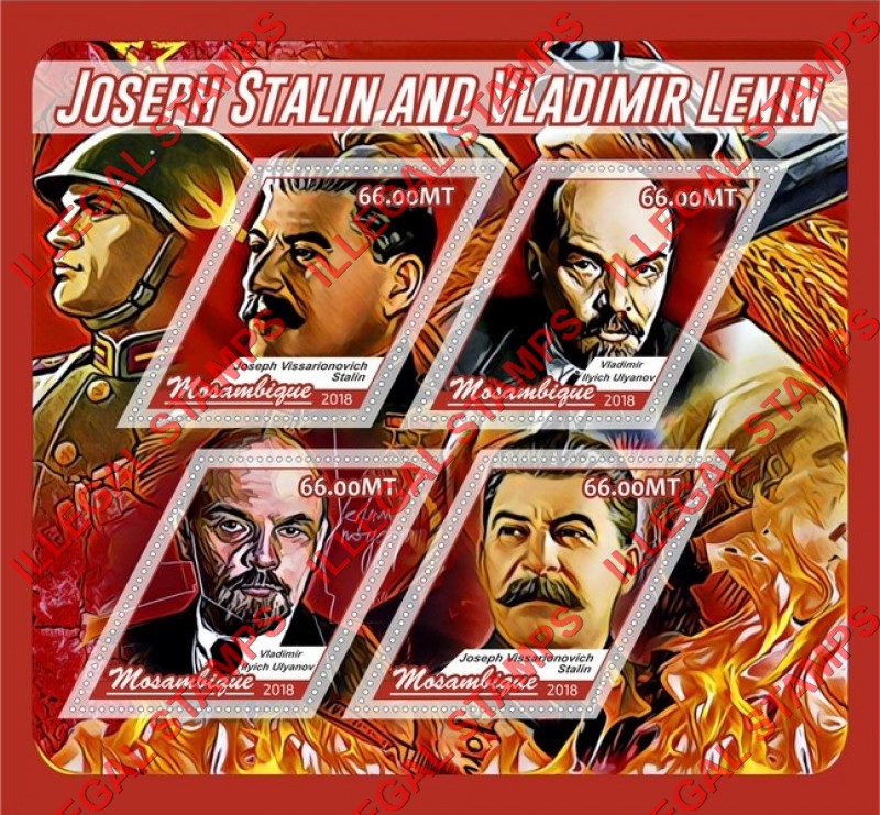  Mozambique 2018 Lenin and Stalin (different) Counterfeit Illegal Stamp Souvenir Sheet of 4