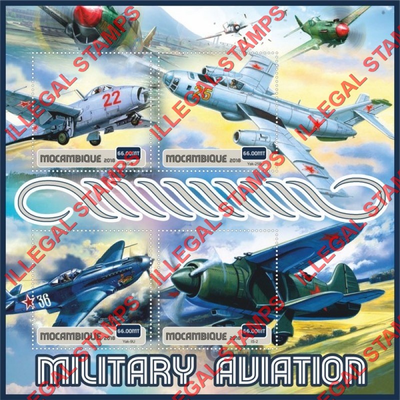  Mozambique 2018 Military Aviation Counterfeit Illegal Stamp Souvenir Sheet of 4