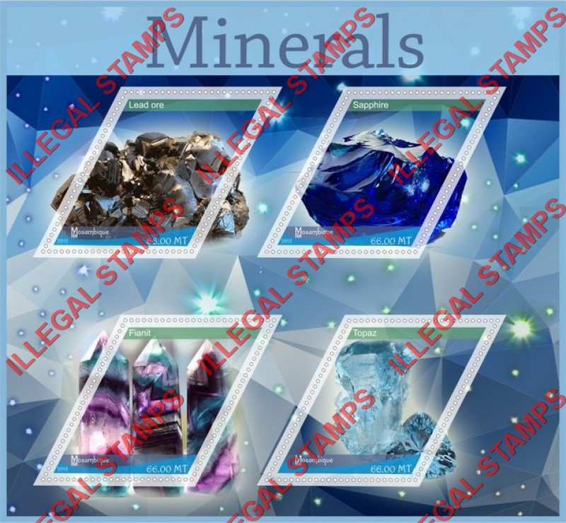  Mozambique 2018 Minerals Counterfeit Illegal Stamp Souvenir Sheet of 4