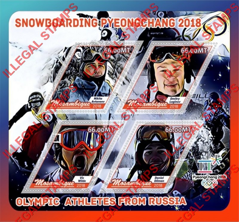  Mozambique 2018 Olympic Games in PyeongChang Snowboarding Russian Athletes Counterfeit Illegal Stamp Souvenir Sheet of 4